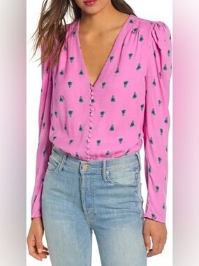 AFRM V-Neck Button Detail Floral Viscose/ Rayon Crepe Longsleeve Bodysuit Size M